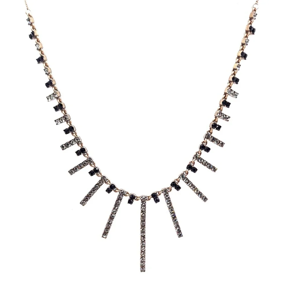 Pilgrim Fringe Bib Necklace Gold Tone Black‎ Clear Swarovski Crystal Statement